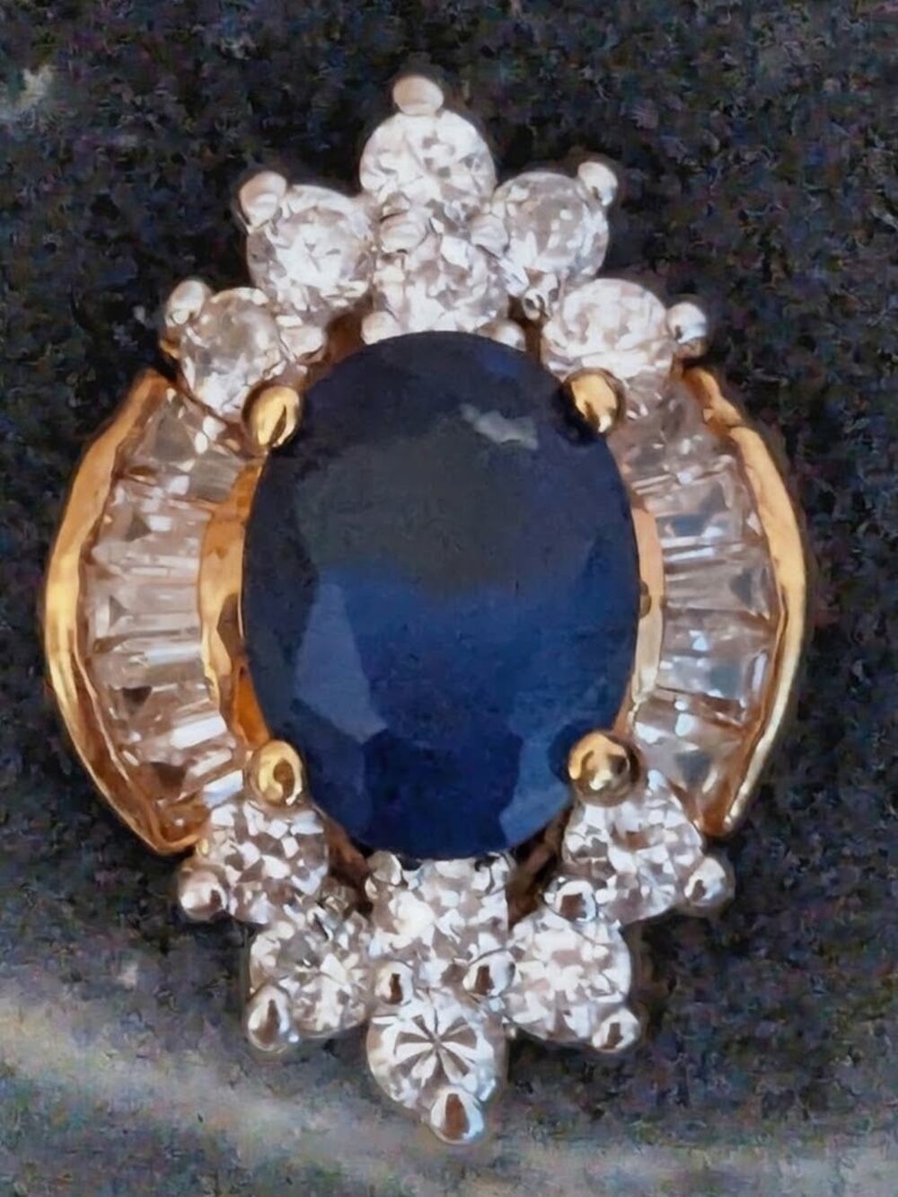 Vintage10K Gold Plated Blue Sapphire Diamond Halo Earrings Oval Baguette Cluster